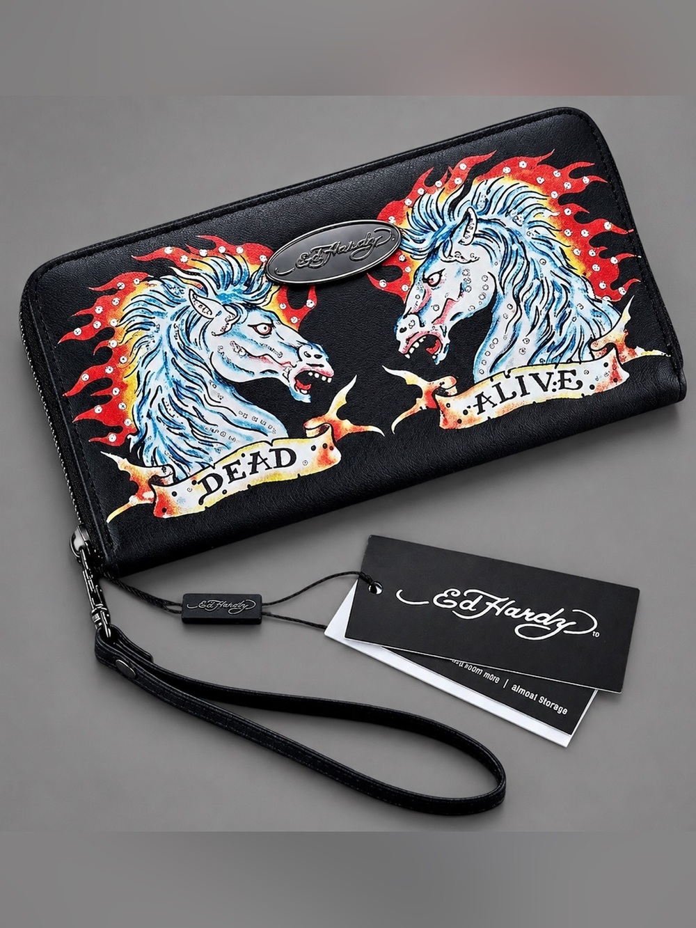 NWT 🖤☠️🖤☠️🖤 Ed Hardy Black Wallet with Blue Unicorns and Red Flames